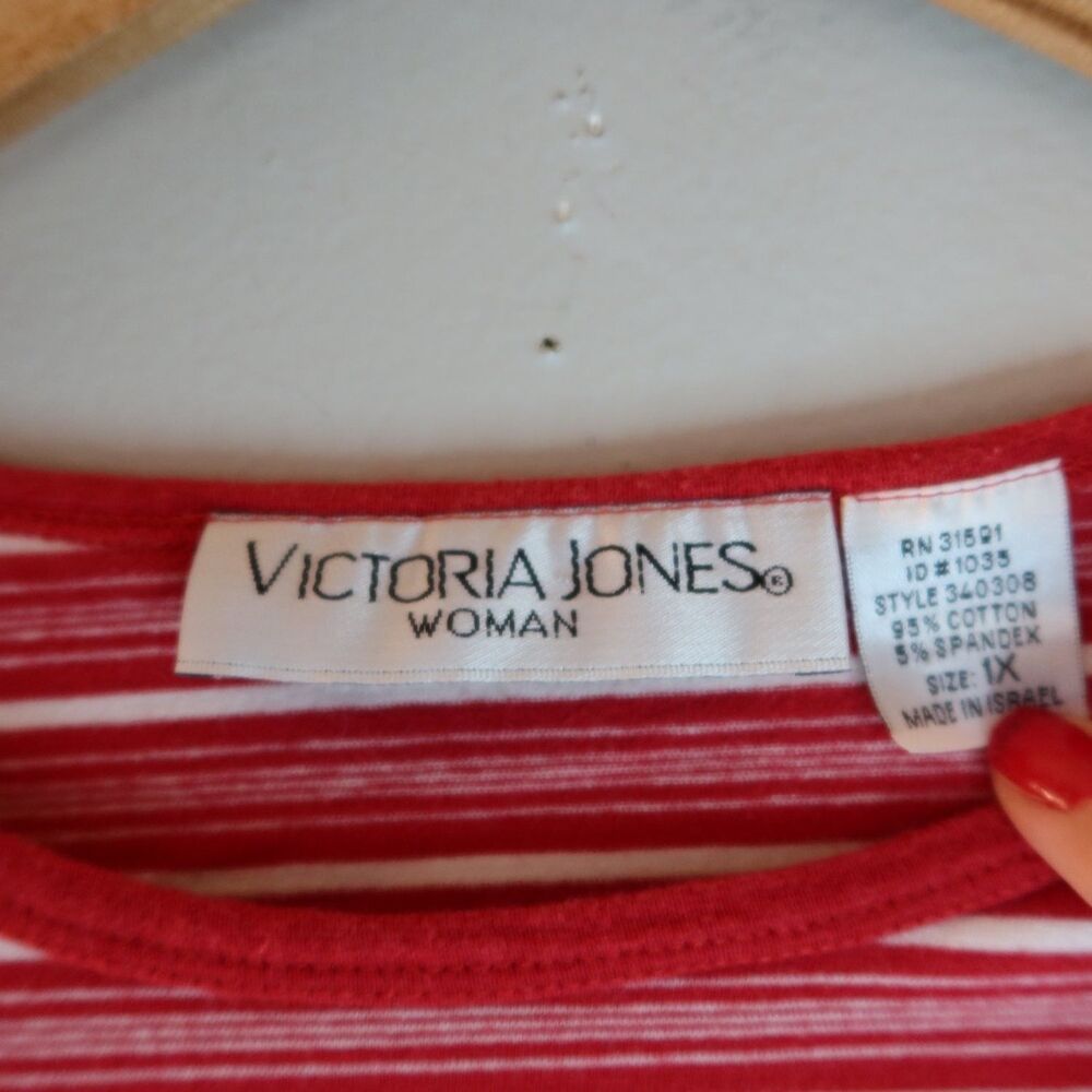 Victoria Jones Striped 3/4 Sleeve Top Womens 1X Red Crew Neck Side Slits Stretch - Picture 3 of 7